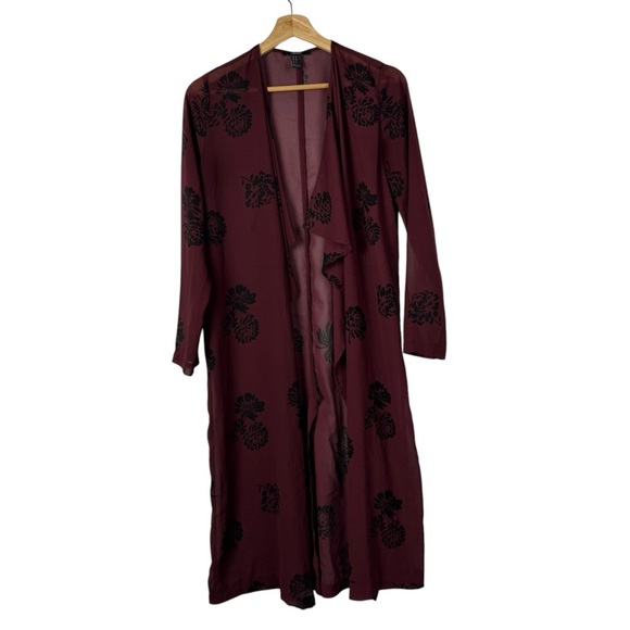 Forever 21 Burgundy Red Floral Sheer Longline Boho Kimono S - Picture 1 of 4